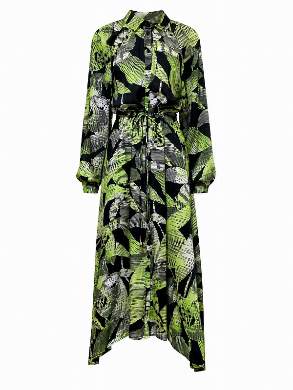 【新品DRESS 1048】襟付きボタニカルフラワーミモレ丈フレアロングドレス グリーン【TOPSHOP】